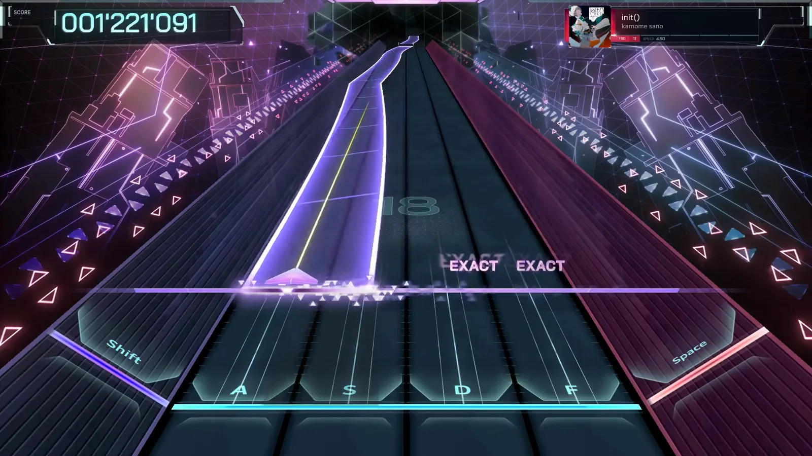 The first hold ribbon In Falsus init() FBD 11 chart opening with a wide violet hold ribbon across the left lanes and an EXACT pair posting at combo 18, HUD at 001'221'091