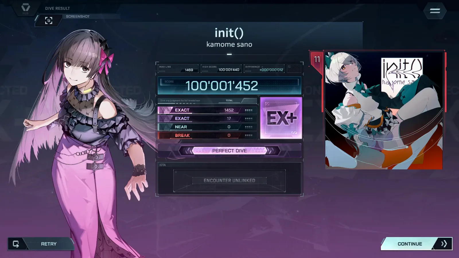 The settled result card In Falsus init() FBD 11 result card with SCORE 100'001'452 at rank EX+, MAX LINK 1469, EXACT 1452 + 17, NEAR 0, BREAK 0 and DIFFERENCE +000'000'012 over the pre-existing HIGH SCORE 100'001'440