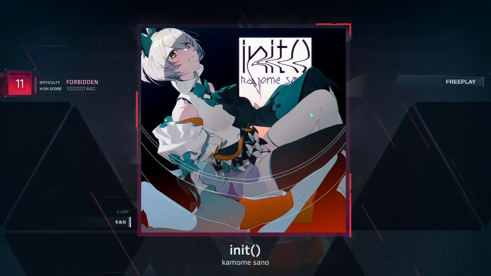 init() detail screen — FORBIDDEN 11 In Falsus init() song detail screen showing DIFFICULTY FORBIDDEN 11 with HIGH SCORE 100'001'440 on file and the kamome sano jacket above the FREEPLAY button