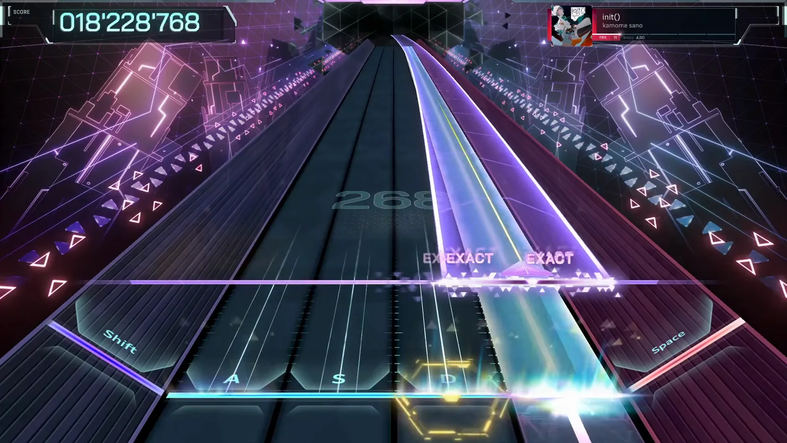 Beams over a gold wedge In Falsus init() FBD 11 violet and cyan beams stacked over a gold hexagon wedge flaring at the bottom edge, judged EXACT twice with the HUD at 018'228'768