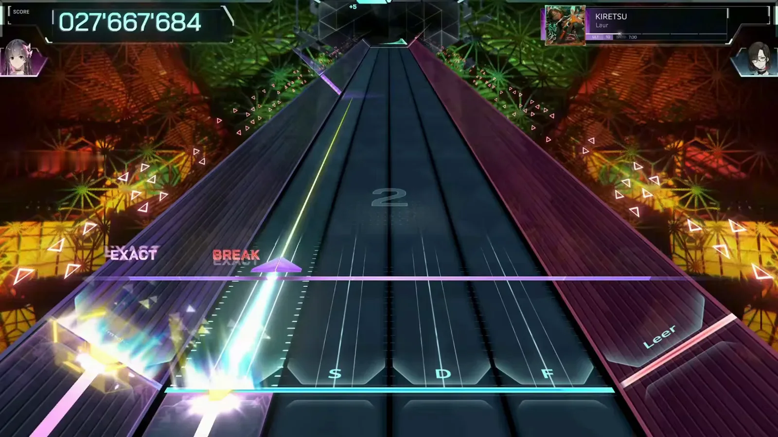 A red BREAK judgement flashes beside an EXACT on the KIRETSU ULT 10 chart in In Falsus, the combo broken while a cyan burst keeps firing in the lane below
