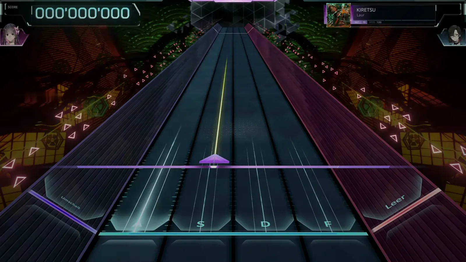 In Falsus highway view at the start of the KIRETSU ULT 10 chart with empty A S D F lanes, German Umschalt and Leer side keys, the score at 000'000'000 and the first purple arrow note sliding in