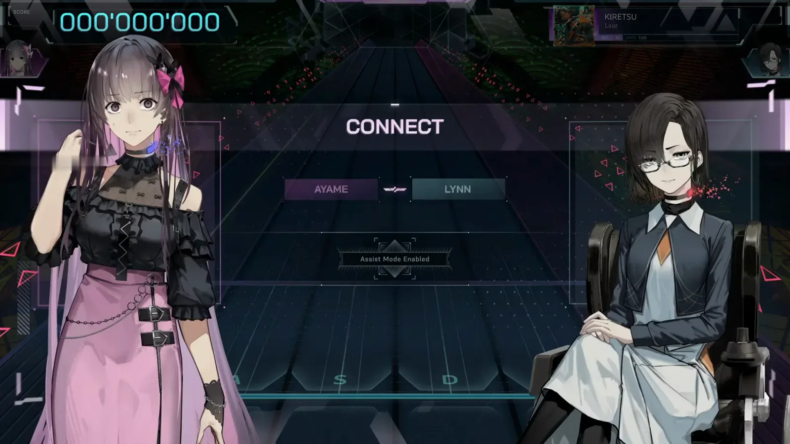 In Falsus CONNECT screen before the KIRETSU dive with the AYAME and LYNN partner toggles, an Assist Mode Enabled tag between them and the KIRETSU ULT 10 SPEED 7.00 card top right