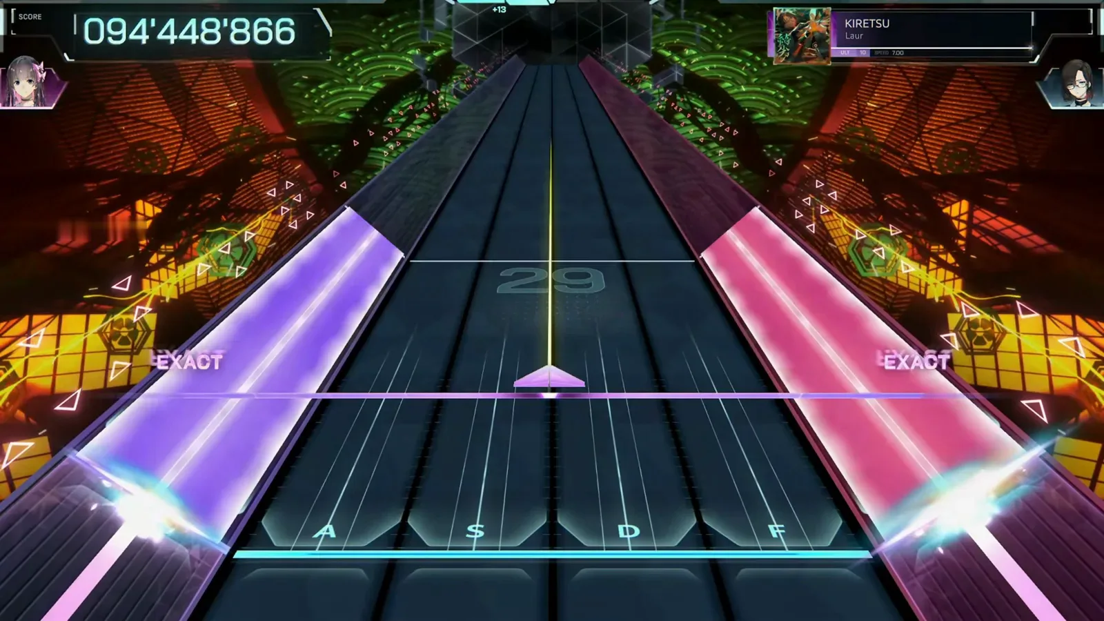 The violet and pink mirrored rails run parallel into the final seconds of the KIRETSU ULT 10 sightread in In Falsus with EXACT judgements on both edges and the score at 094'448'866