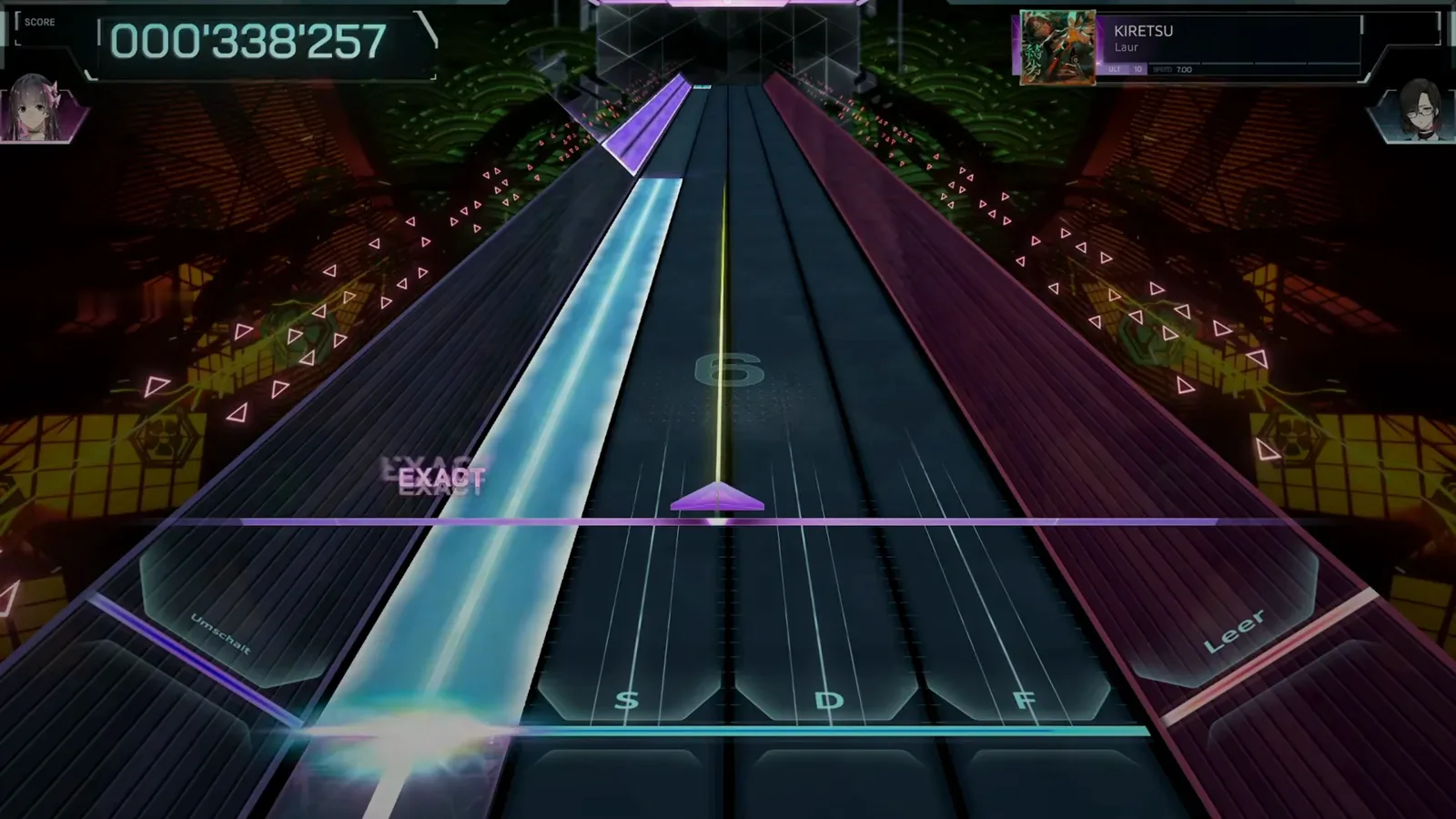 A cyan lane beam sweeps the left side of the KIRETSU ULT 10 highway in In Falsus while an EXACT judgement chain builds next to a purple arrow note crossing the line