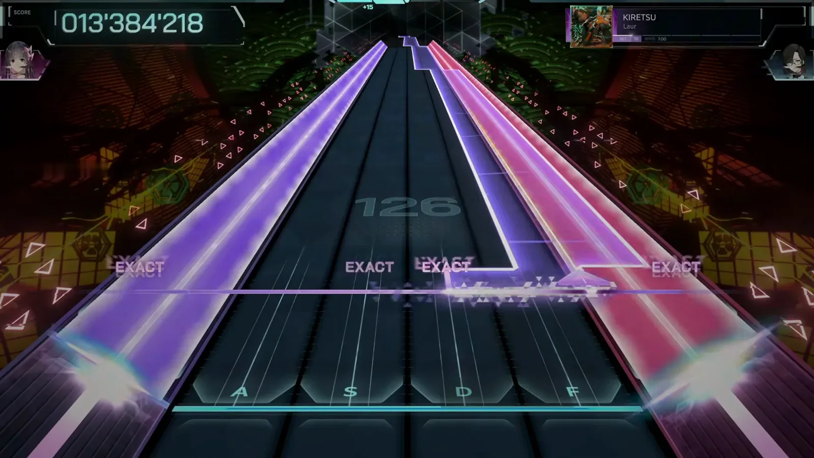 The signature mirrored rails of the KIRETSU ULT 10 chart in In Falsus: a violet rail along the left edge and a pink twin along the right with EXACT judgements popping along the line