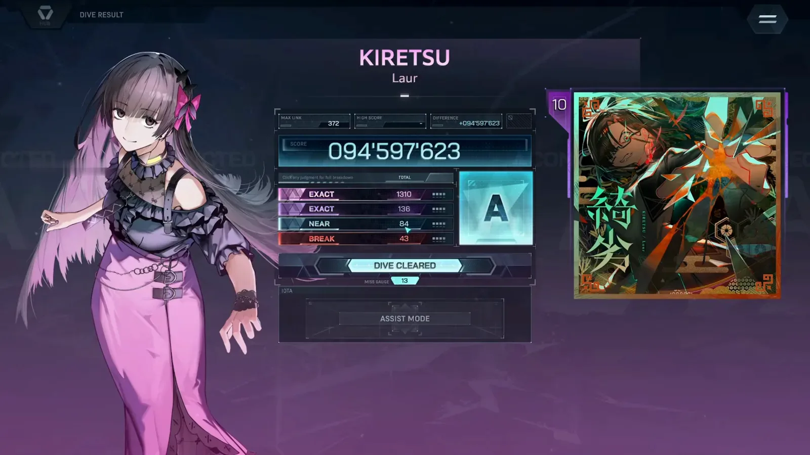 The KIRETSU ULT 10 DIVE RESULT card in In Falsus showing rank A, a score of 094'597'623, EXACT 1,310 + 136, NEAR 84 and BREAK 43 beside the 綺劣 jacket
