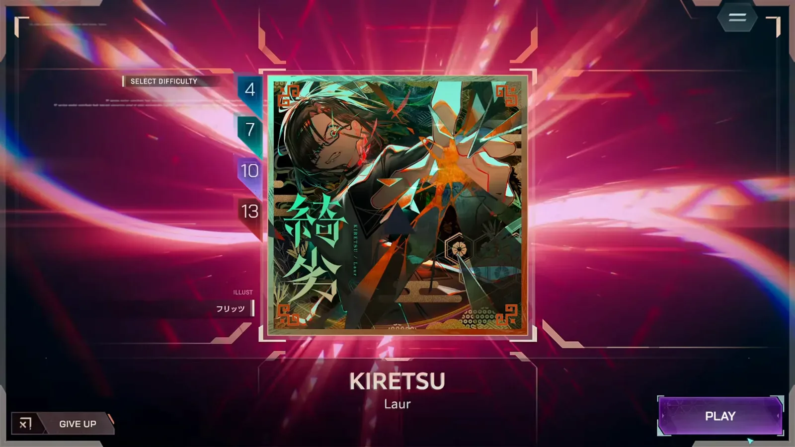 In Falsus SELECT DIFFICULTY screen for KIRETSU by Laur, the level rail reading 4 7 10 13 with the purple 10 badge picked and the 綺劣 jacket art above the PLAY button