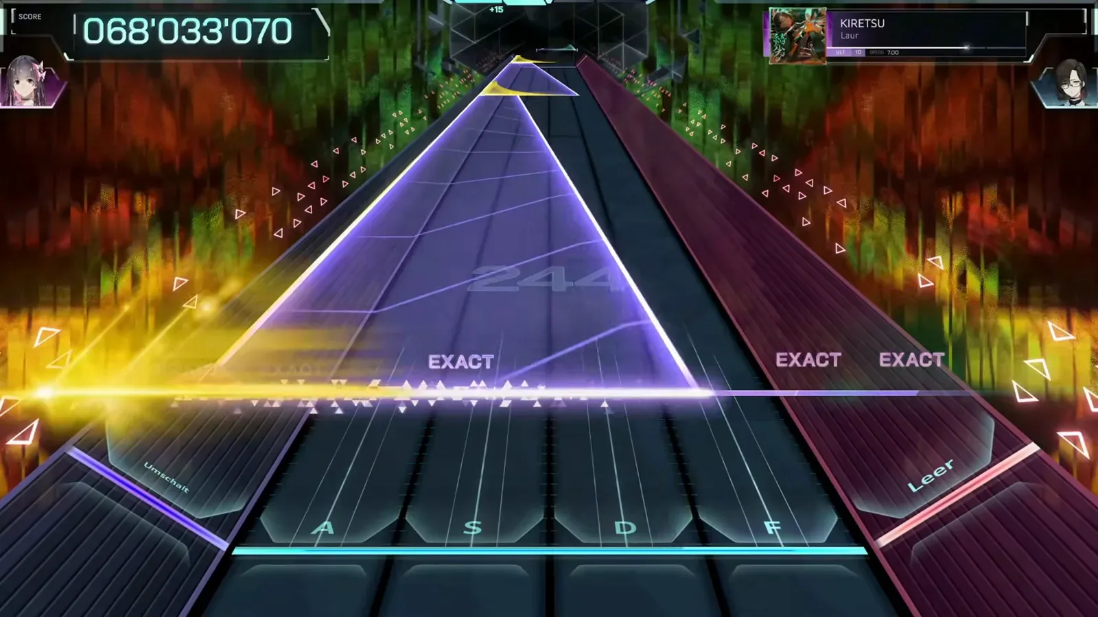 A translucent triangular wall stacks over the KIRETSU ULT 10 highway in In Falsus while a yellow burst fires at the left edge and EXACT judgements rattle underneath