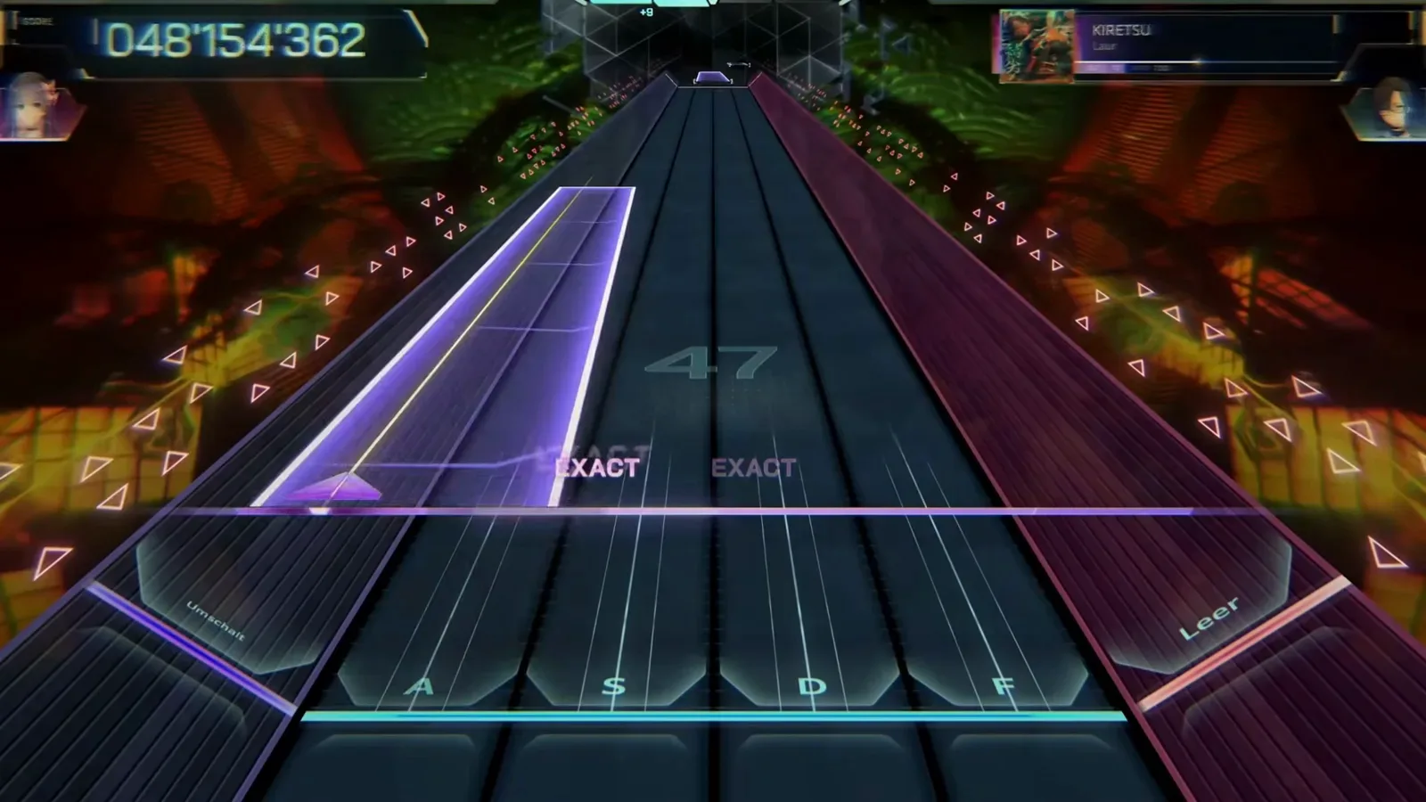 A wide purple hold wall stretches across the lanes of the KIRETSU ULT 10 chart in In Falsus with an EXACT trail ticking along the judgement line