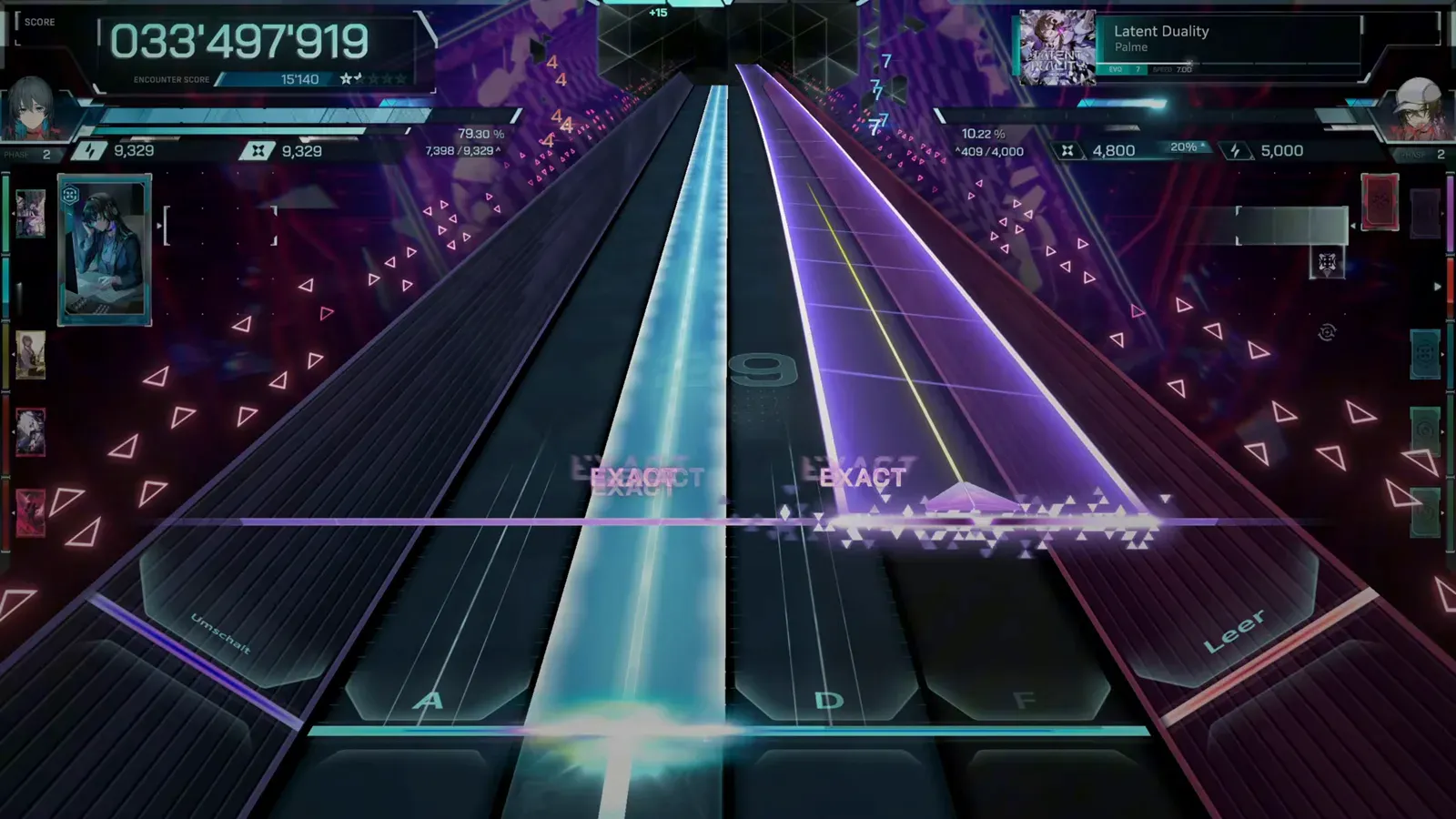 Combo 9, the deepest valley Combo valley at 9 under crossing cyan and violet beams in In Falsus's Latent Duality EVO 7 chart at 033'497'919