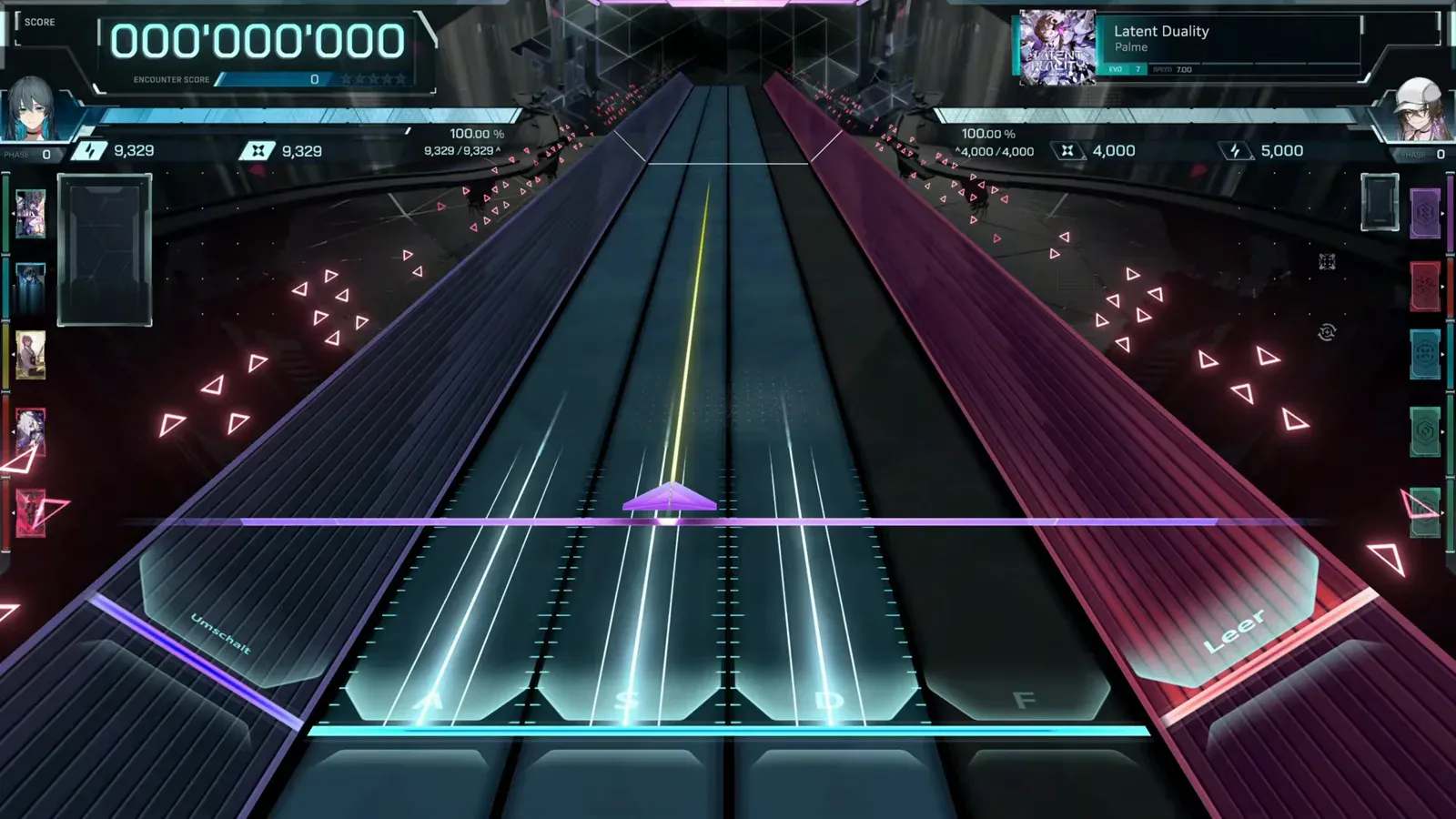 Staged at zero, EVO 7 / SPEED 7.00 Latent Duality EVO 7 highway staged at 000'000'000 in In Falsus with the song panel reading SPEED 7.00