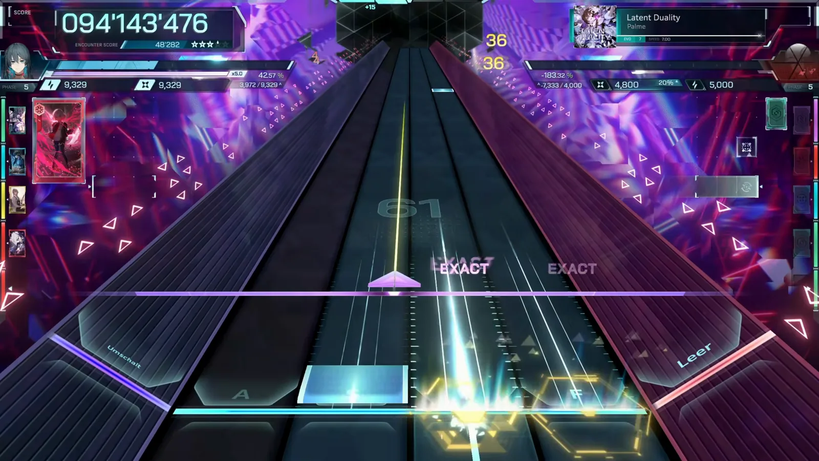 Combo 61, HP 42.57% Late-chart gold hex ring and cyan field slab on Latent Duality EVO 7 in In Falsus at 094'143'476 with the combo at 61