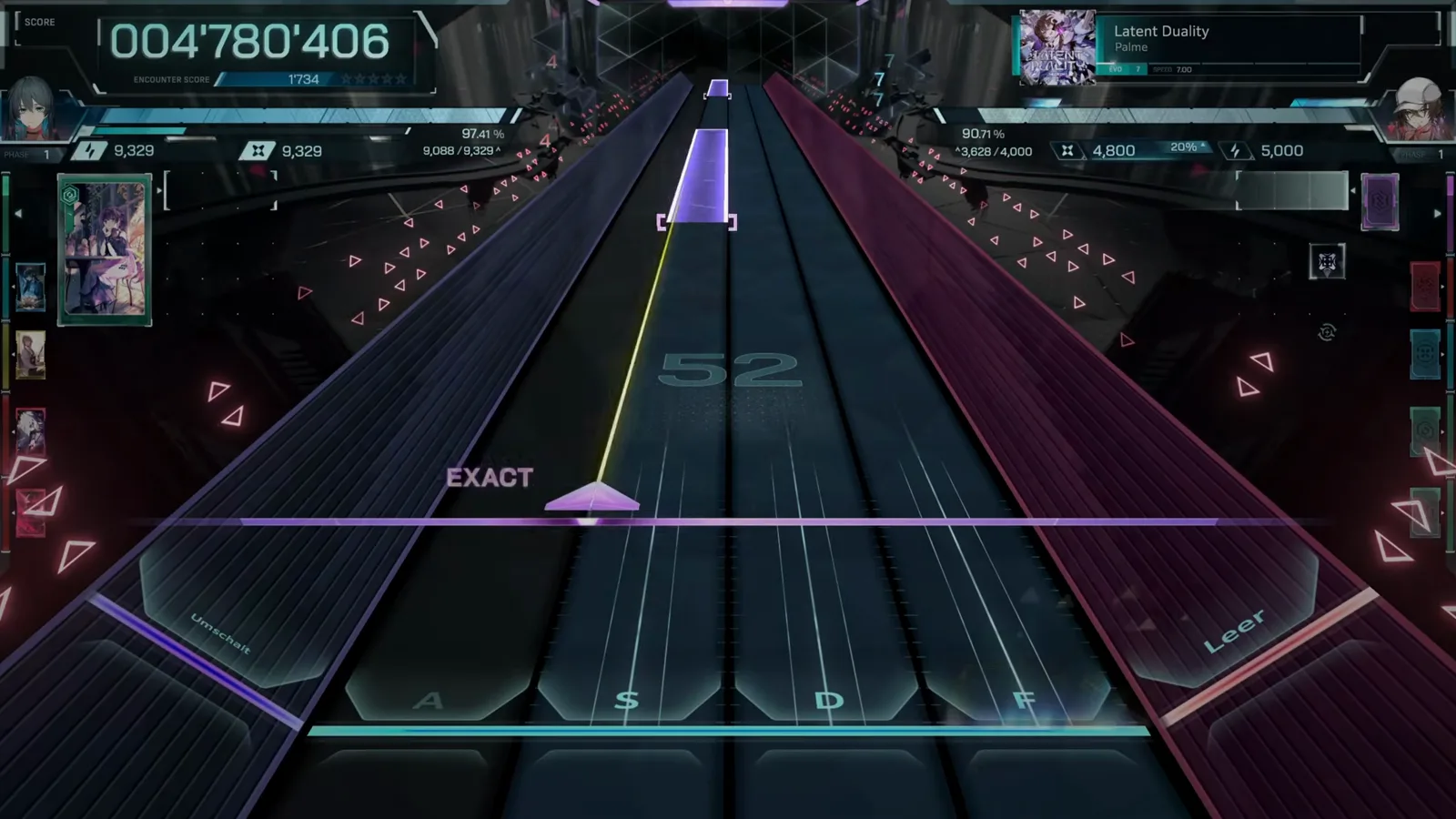 Combo 52 and the hold grammar Combo counter at 52 under an EXACT wedge on Latent Duality EVO 7 in In Falsus with a purple hold ribbon descending the S lane