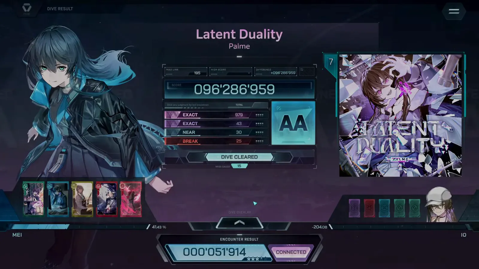 The settled result card DIVE RESULT card printing AA beside 096'286'959 with EXACT 979 and a blank HIGH SCORE box on Latent Duality EVO 7 in In Falsus