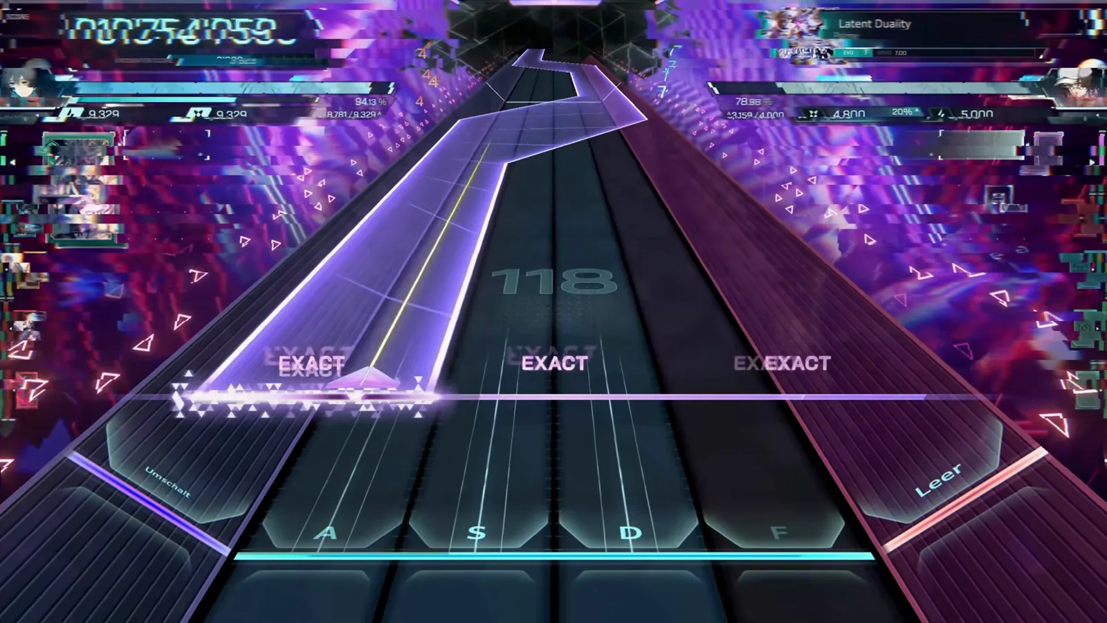 Combo 118 under the snaking beam Wide violet beam snaking across the keystones at combo 118 in In Falsus's Latent Duality EVO 7 chart with three EXACT tags at the line