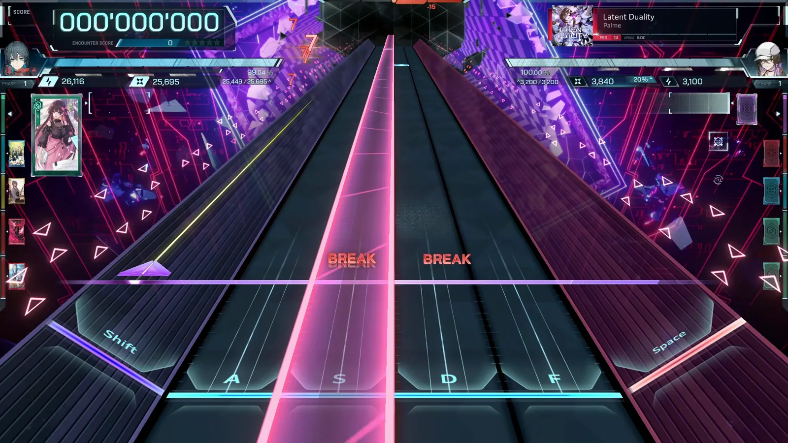 FBD 13 譜面オープニング Latent Duality がインファルサスで FBD 13 を開始、ピンクのビームが Shift・ASDF・Space のレーン表示を横切る