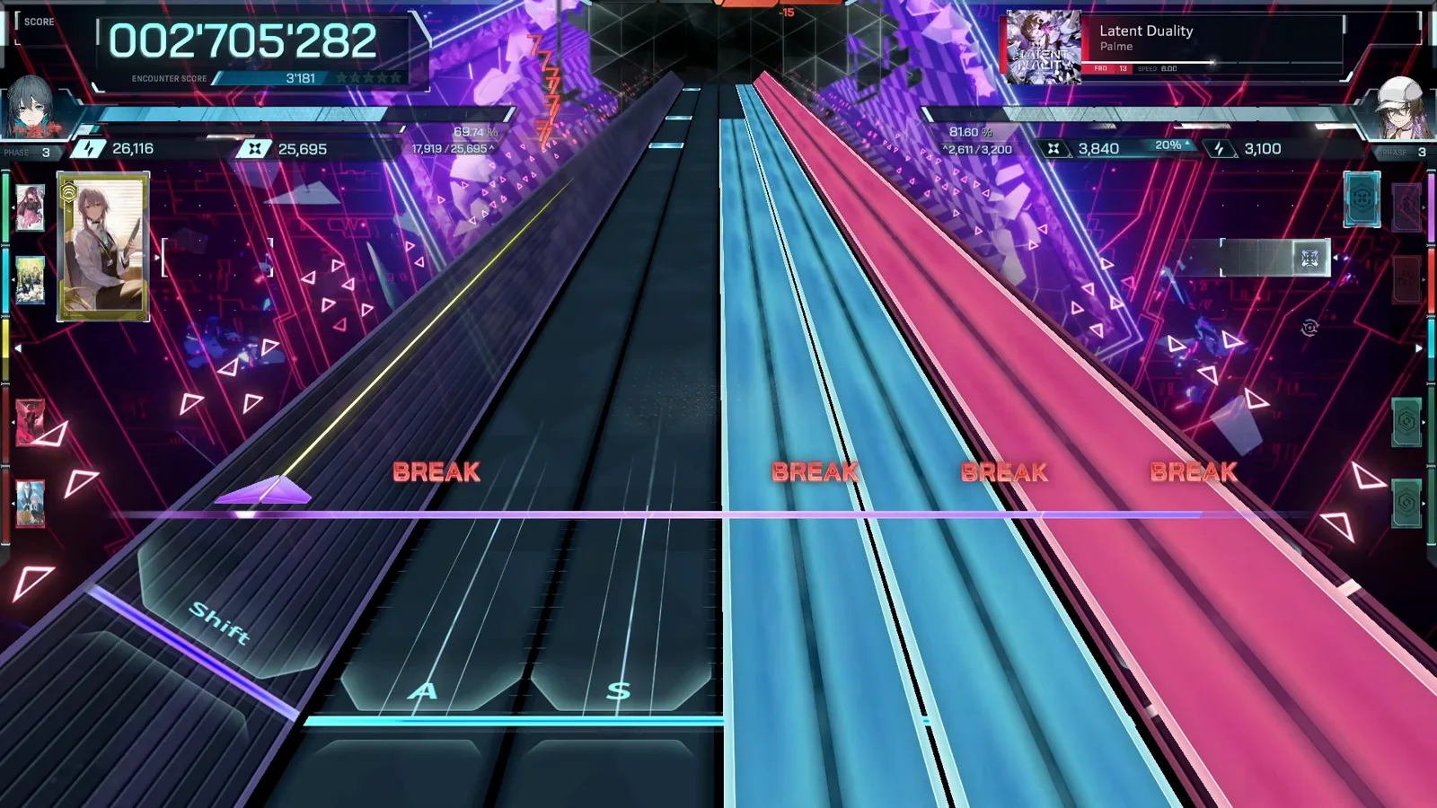 青とピンクの交差レーザー インファルサスの FBD 13 譜面中盤、青とピンクの2本のレーザーが Latent Duality のレーン上で交差する