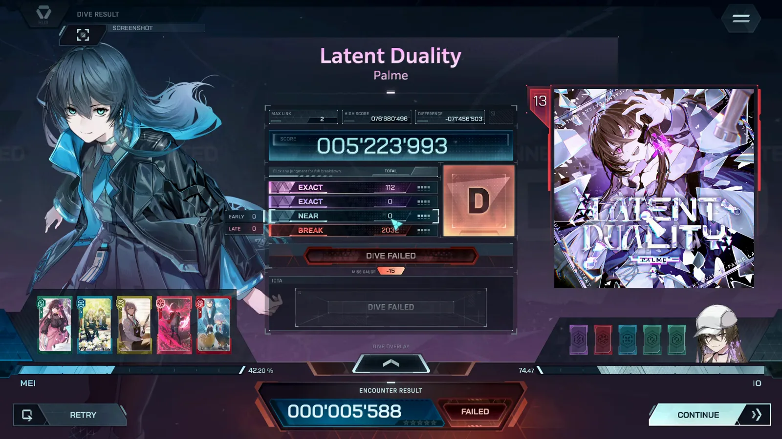 FAILED リザルト画面 インファルサスで Latent Duality のダイブに失敗したリザルト画面、EXACT・NEAR・BREAK のカウントがグレード D の横に並ぶ