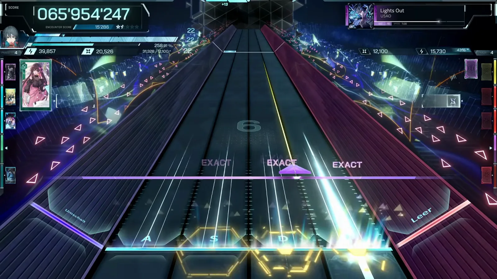 In Falsus Lights Out ULT PHASE 4 gold hexagon field cells lit along the lanes under an EXACT EXACT EXACT row