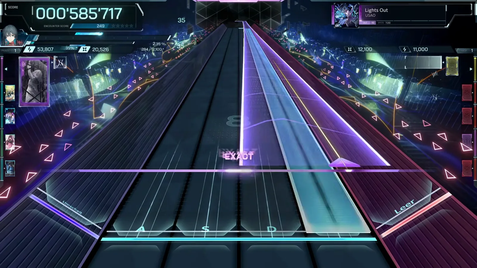 In Falsus Lights Out ULT opening beams at 000'585'717 as twin purple and cyan beams cross the judgement line in PHASE 1