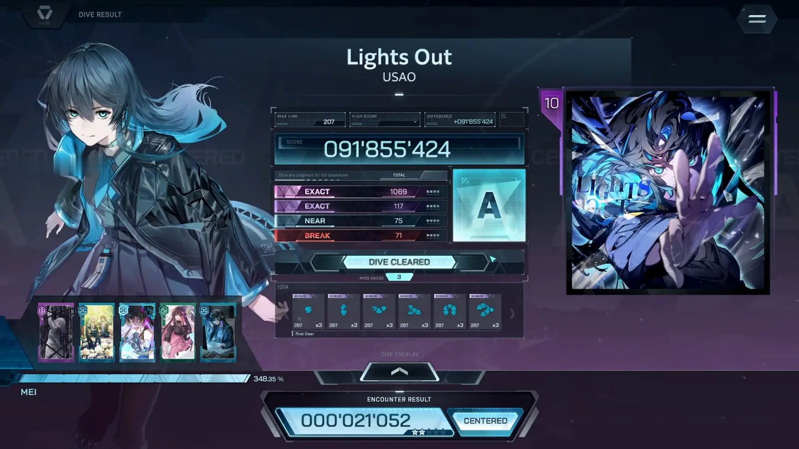 In Falsus DIVE RESULT for Lights Out ULT: rank A with EXACT 1069 + 117, NEAR 75, BREAK 71 and a First Clear tag