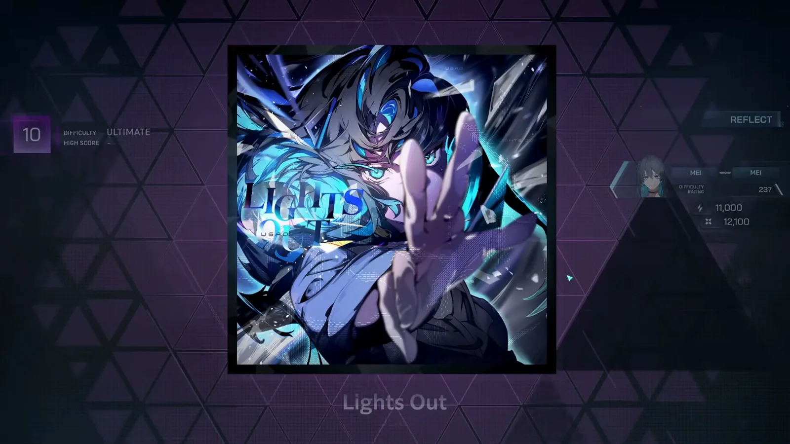 In Falsus song screen staging USAO's Lights Out at DIFFICULTY ULTIMATE 10 with the HIGH SCORE still a dash