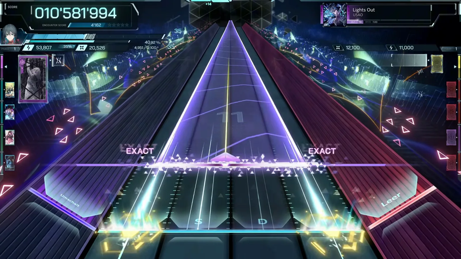 In Falsus Lights Out ULT full-height violet sail crossing a gold hold line under an EXACT EXACT row at 010'581'994