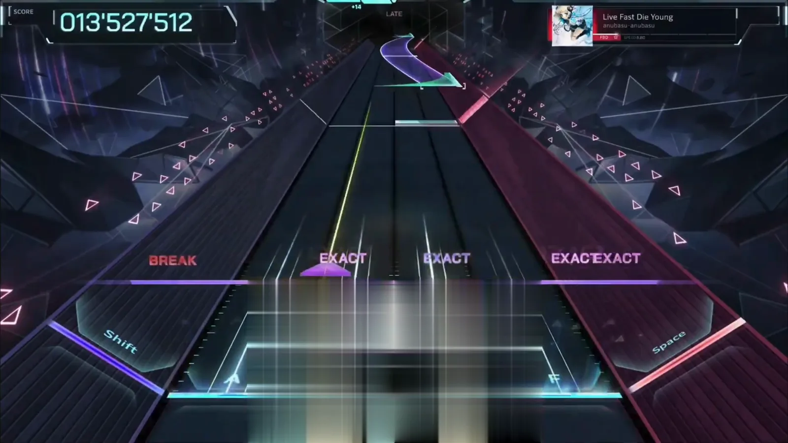 Mixed slabs — first NEAR lands In Falsus judgment tags read NEAR and EXACT across violet and cyan slabs as the FBD 12 run passes 013'527'512.