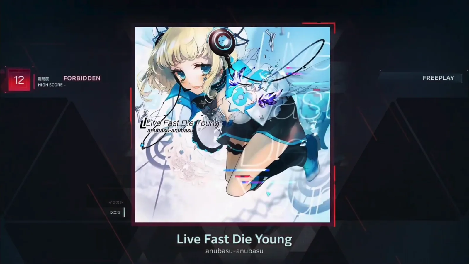 Live Fast Die Young song detail — FBD 12 In Falsus song detail for Live Fast Die Young: red 12 beside FORBIDDEN, HIGH SCORE blank before the first attempt.