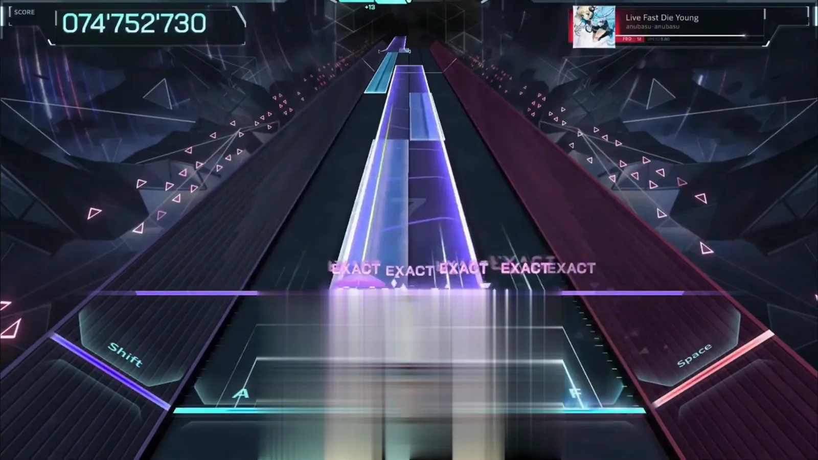 The staircase — densest shape on camera Violet and cyan holds arrive as a staircase over the right lanes in In Falsus with four EXACT tags lit across the row.