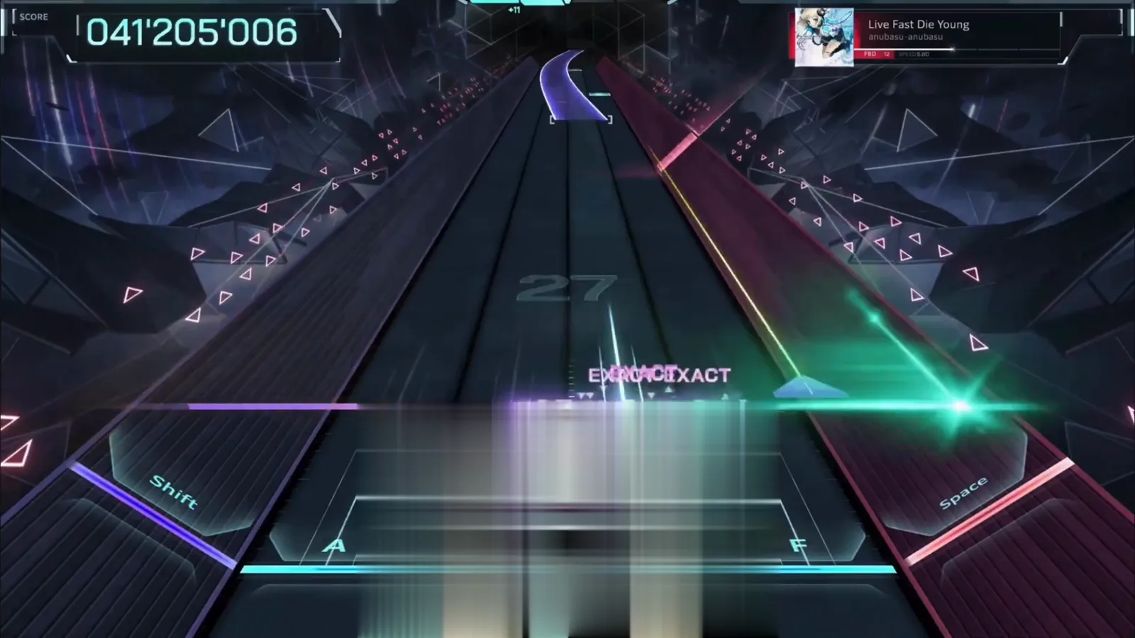 Twin holds — 041'205'006 Violet and cyan hold beams run side by side in In Falsus while a green cross spark blooms at the right edge.