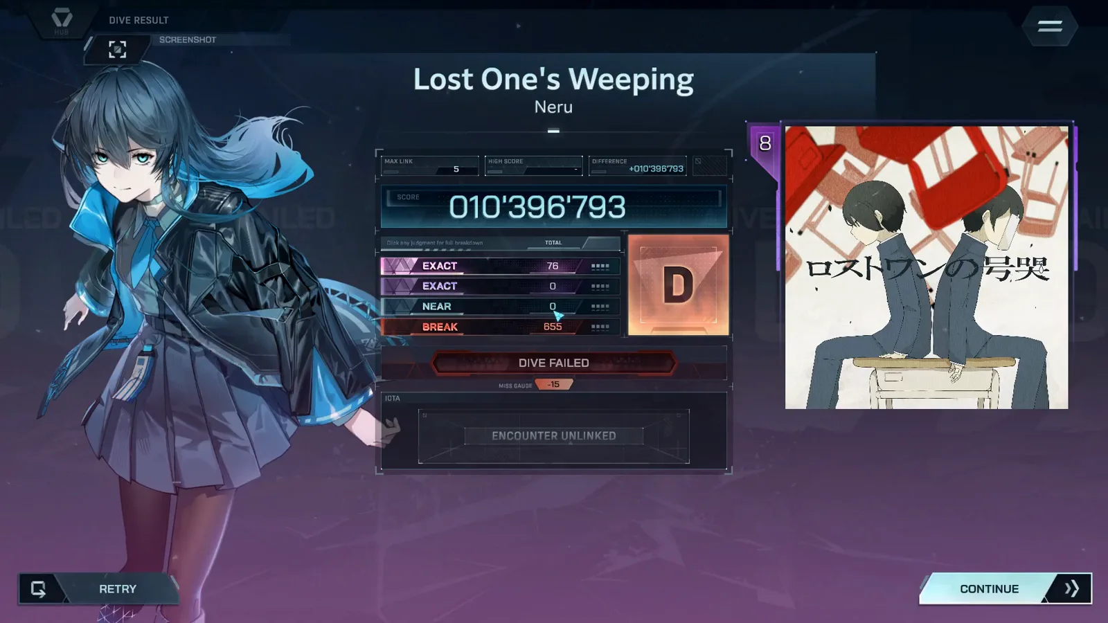 In Falsus DIVE RESULT for Lost One's Weeping ULT 8: rank D, DIVE FAILED, EXACT 76, BREAK 655 and a blank HIGH SCORE