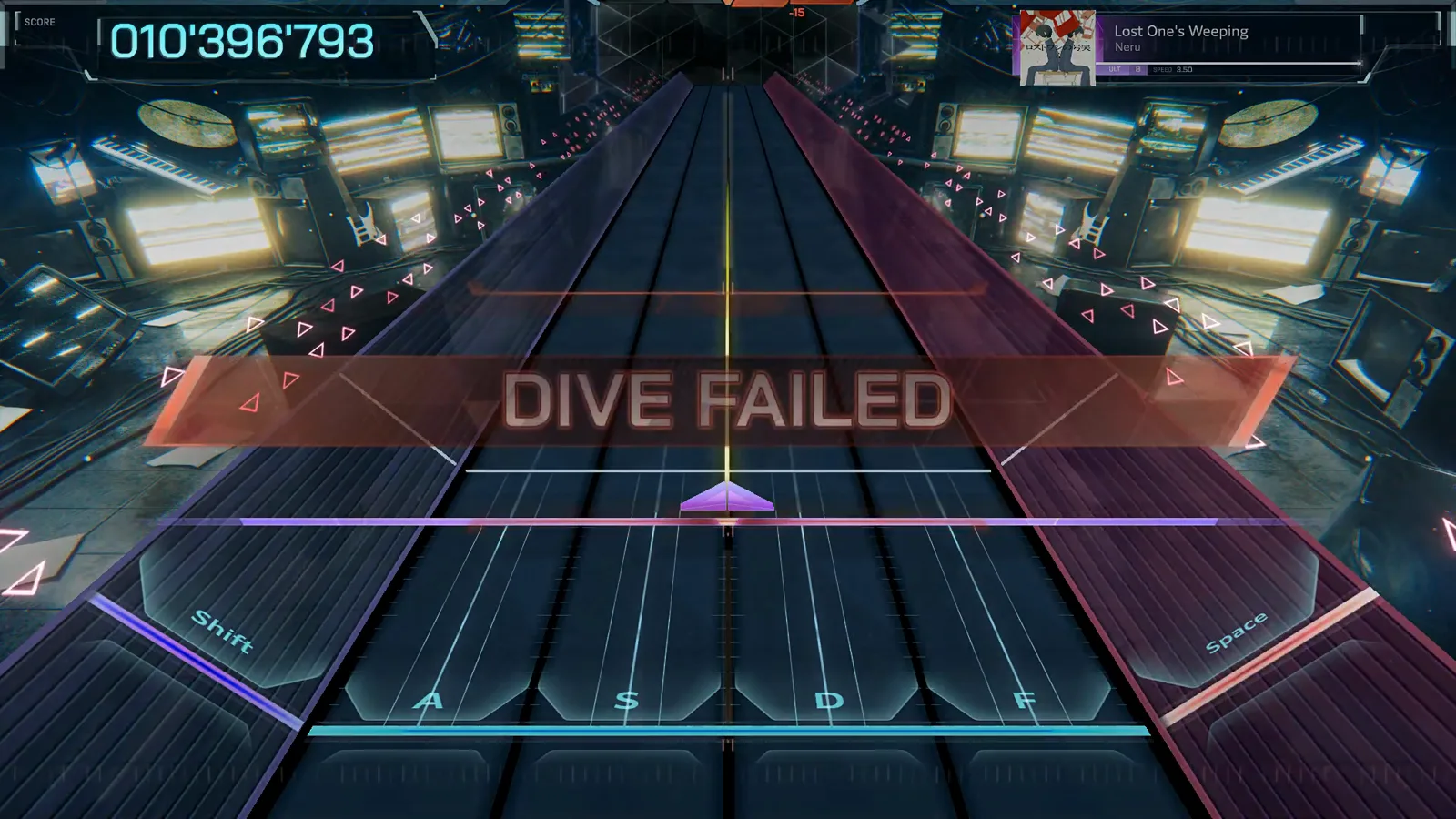 The red DIVE FAILED banner sweeps the emptied In Falsus highway with Lost One's Weeping's score frozen at 010'396'793