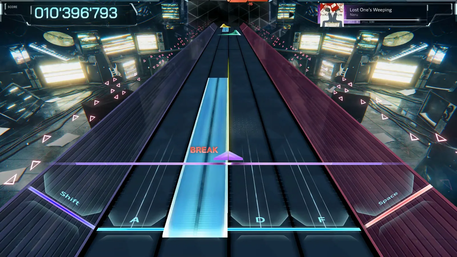The In Falsus score sits frozen at 010'396'793 while a cyan hold still crosses the line in Lost One's Weeping ULT 8