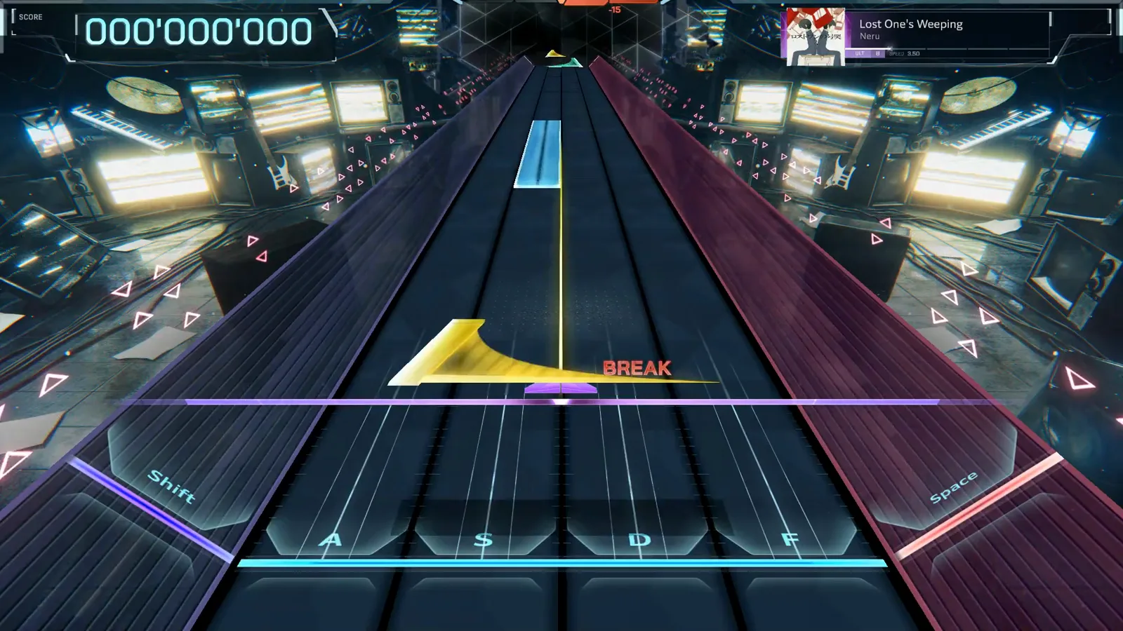 A gold fan-shaped flick note spreads across the left lanes at the line in Lost One's Weeping's ULT 8 chart in In Falsus