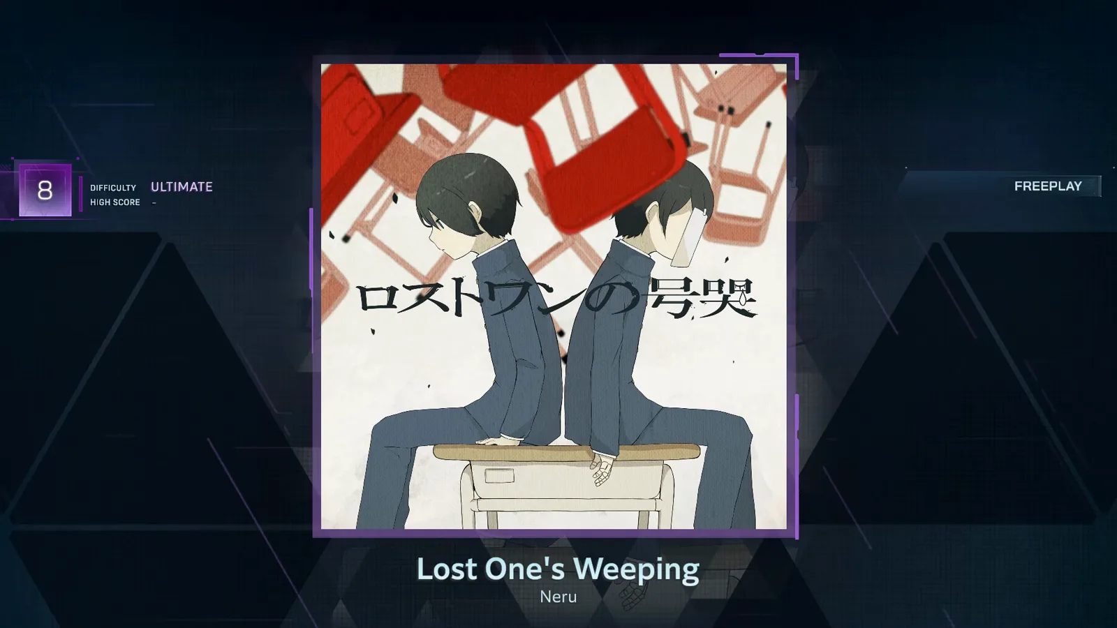 In Falsus freeplay card for Lost One's Weeping by Neru with a violet ULTIMATE 8 chip and an empty HIGH SCORE slot