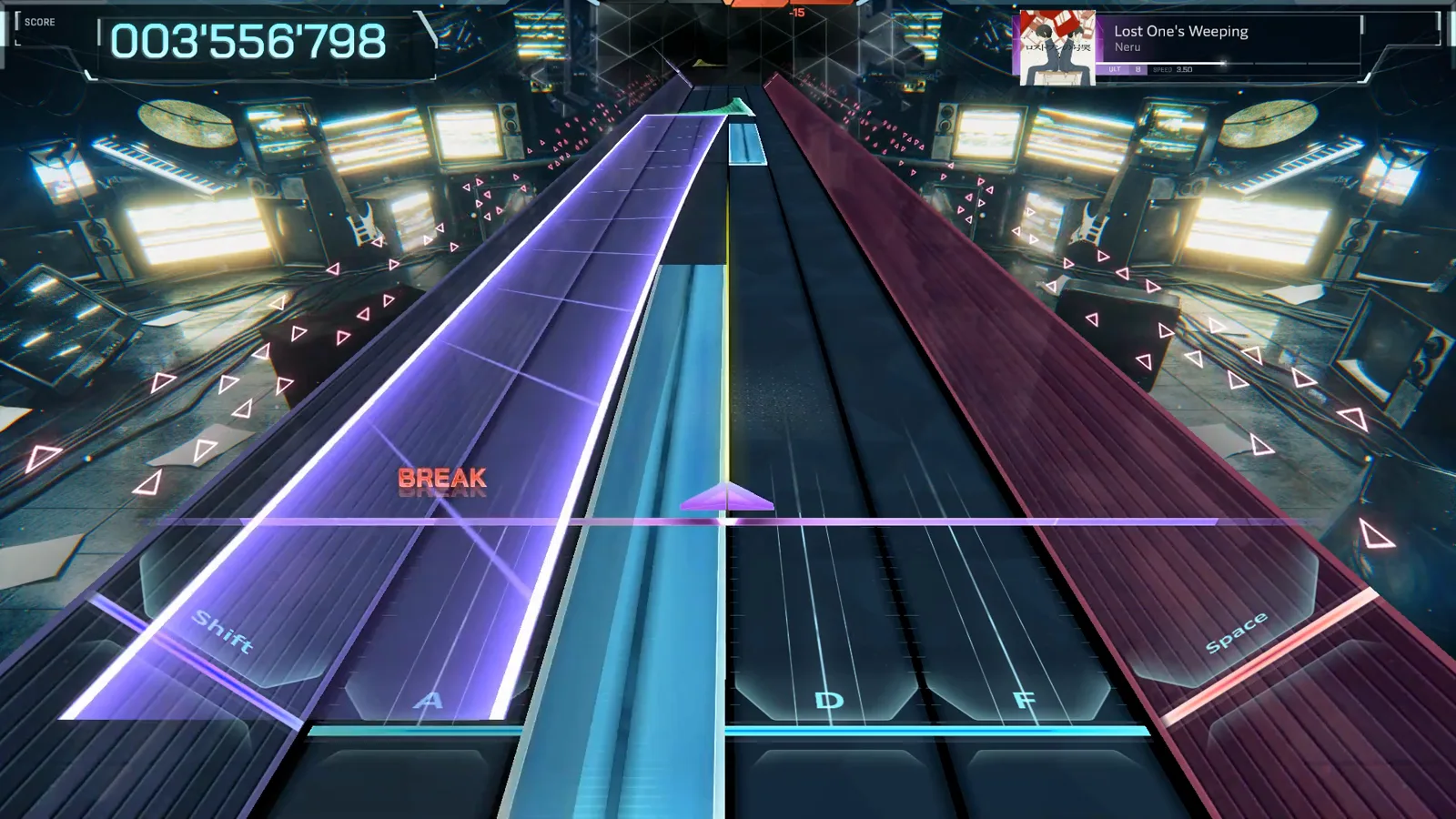 A violet pane and a full-lane cyan hold arrive at the line together at 003'556'798 in Lost One's Weeping's ULT 8 chart