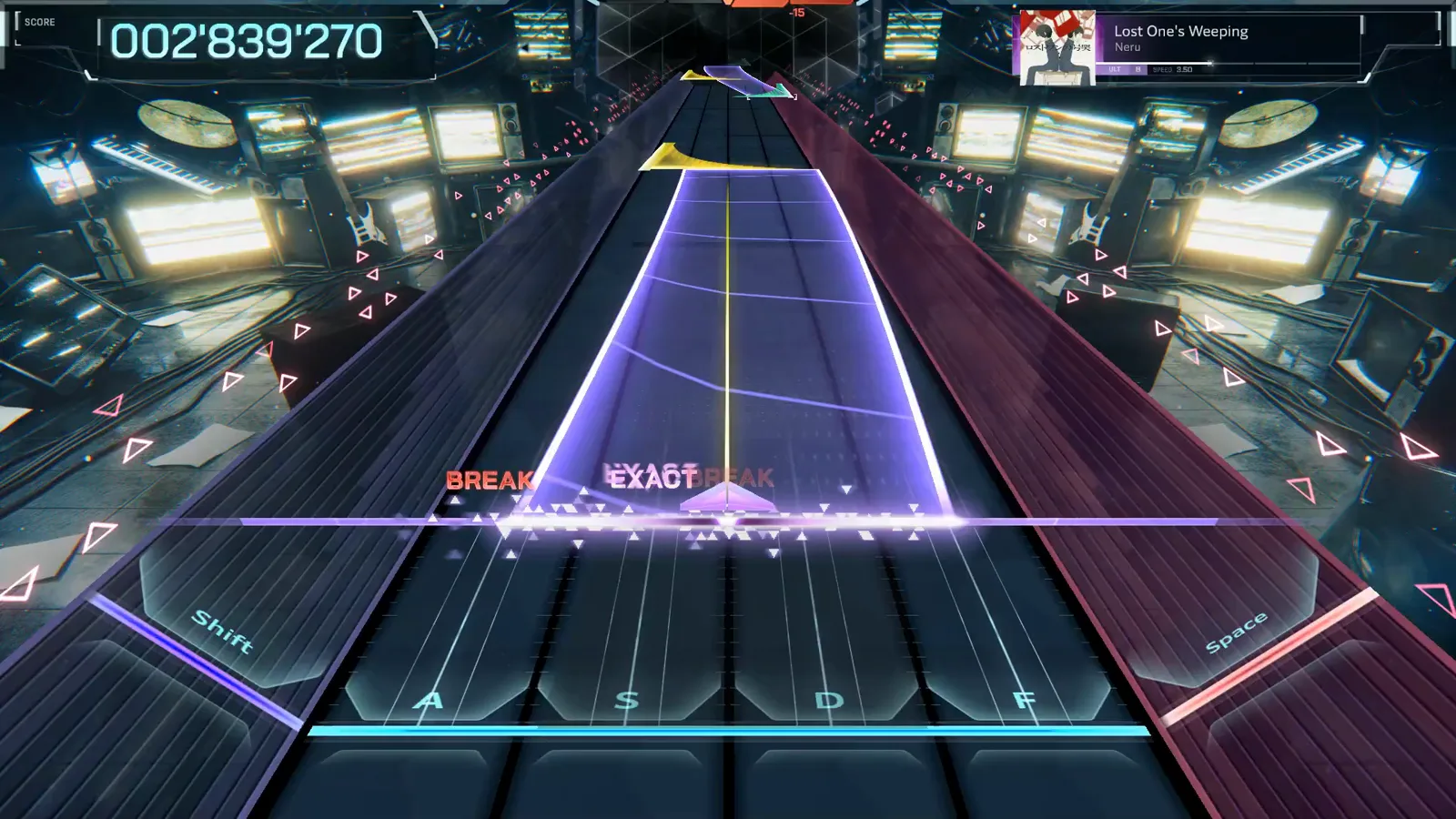 A wide violet pane slams the centre lanes as BREAK EXACT BREAK post through sparks at 002'839'270 in Lost One's Weeping