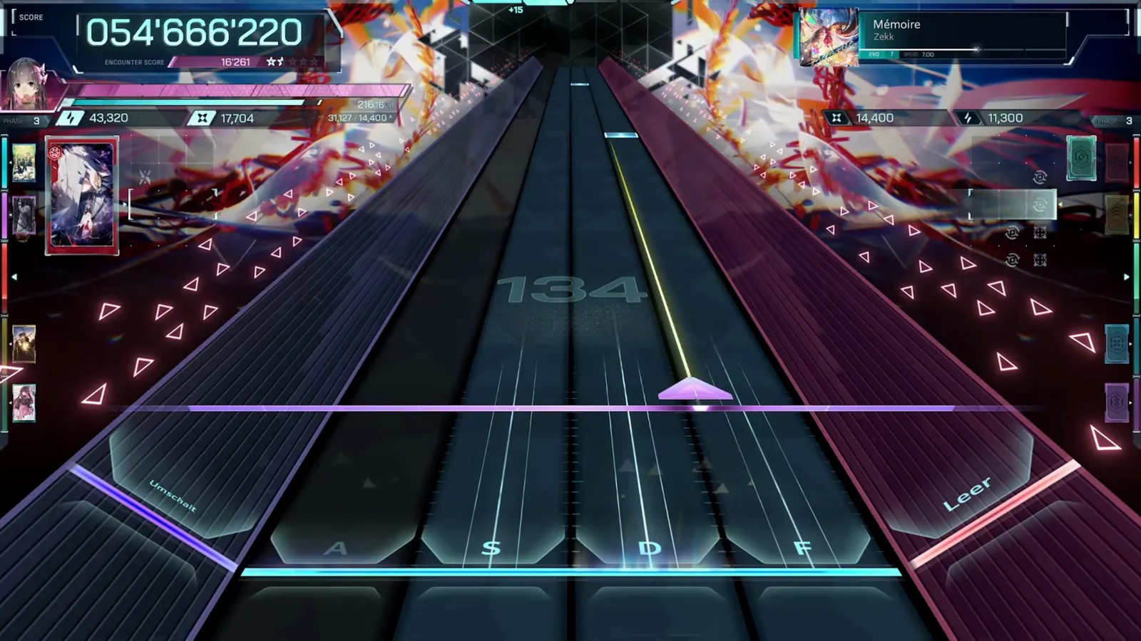 The combo counter climbs to 164 in In Falsus Mémoire as a single beam rides the centre lane at 054'666'220.
