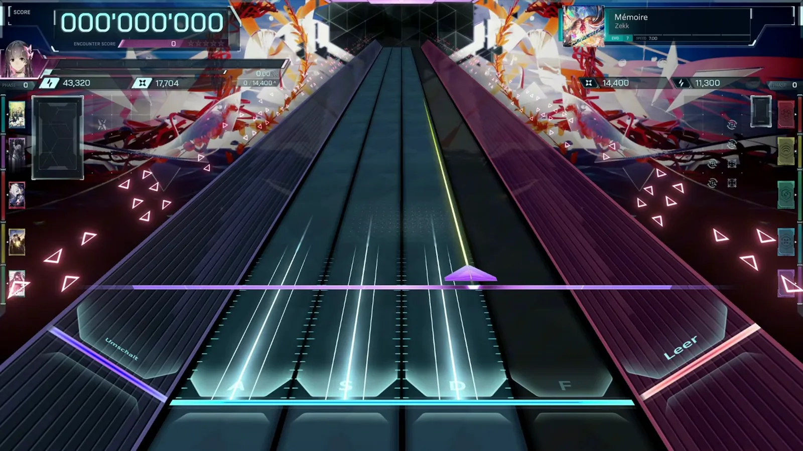 Mémoire's highway loads in In Falsus at 000'000'000 with the AYAME encounter cards flanking four empty lanes.