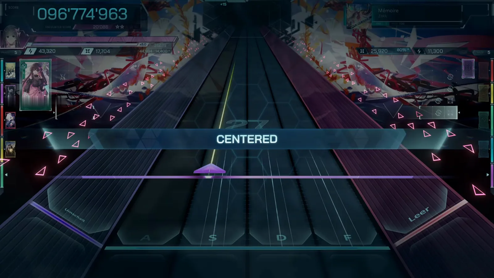 Mémoire's dimmed highway in In Falsus freezes at 096'774'963 under the CENTERED encounter banner.