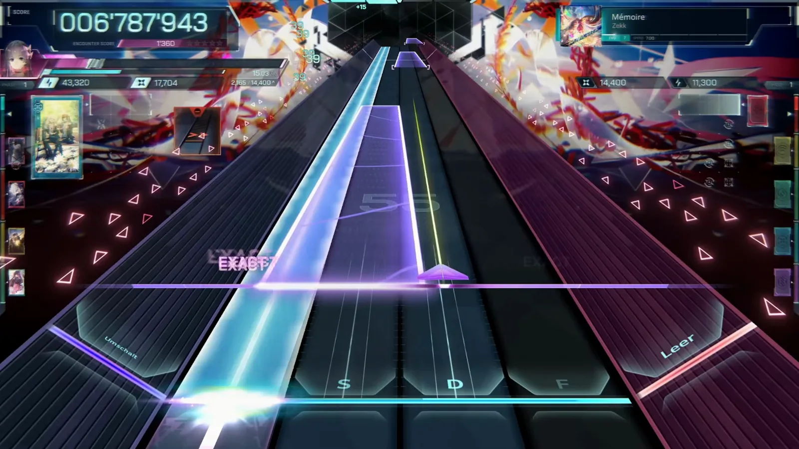 Beside a purple wide hold, a cyan beam runs in In Falsus Mémoire as the hold patterns arrive at 008'787'943.