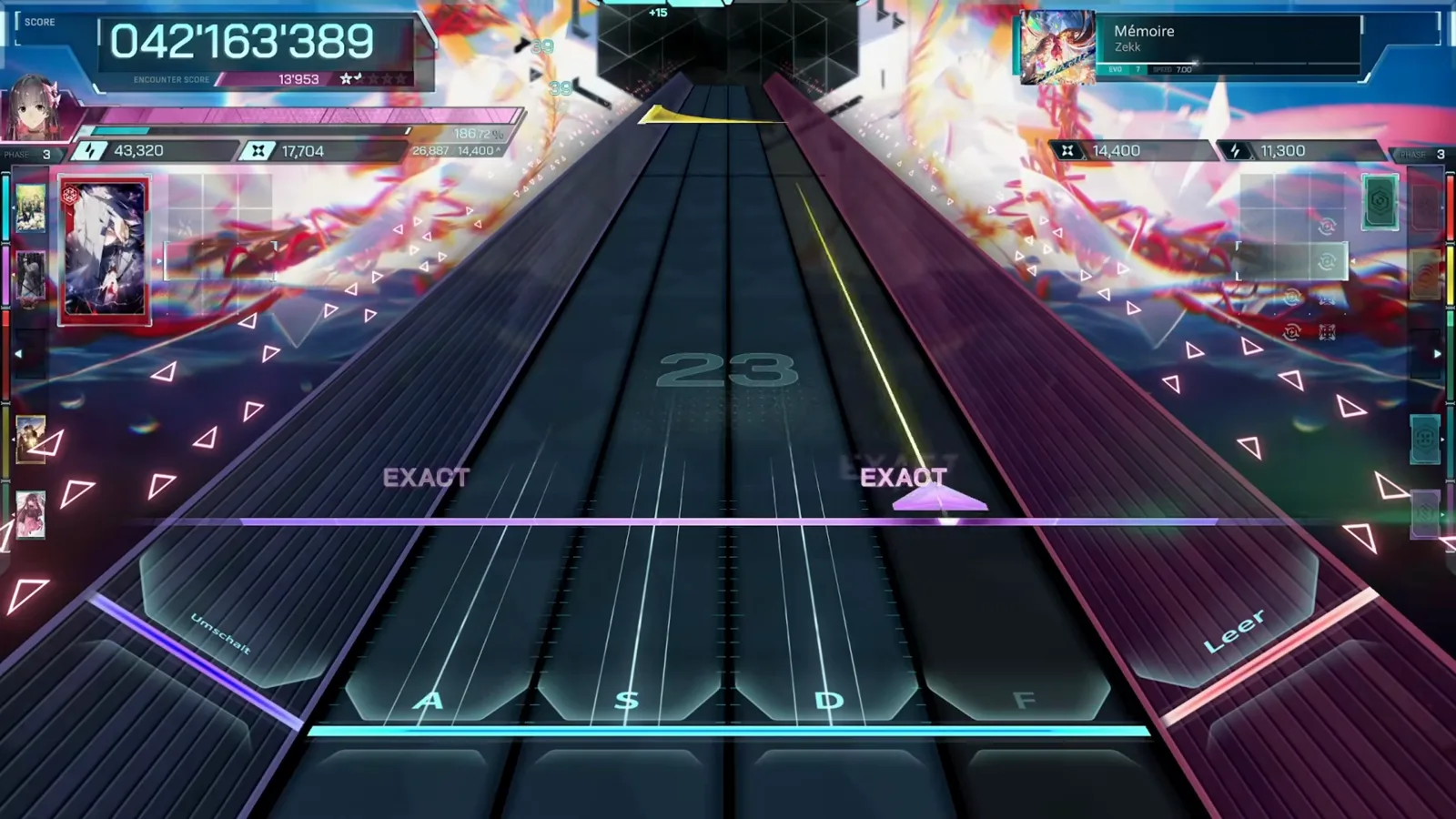 Twin EXACT tags land across Mémoire's lanes in In Falsus while the rebuilt combo counter shows 23.