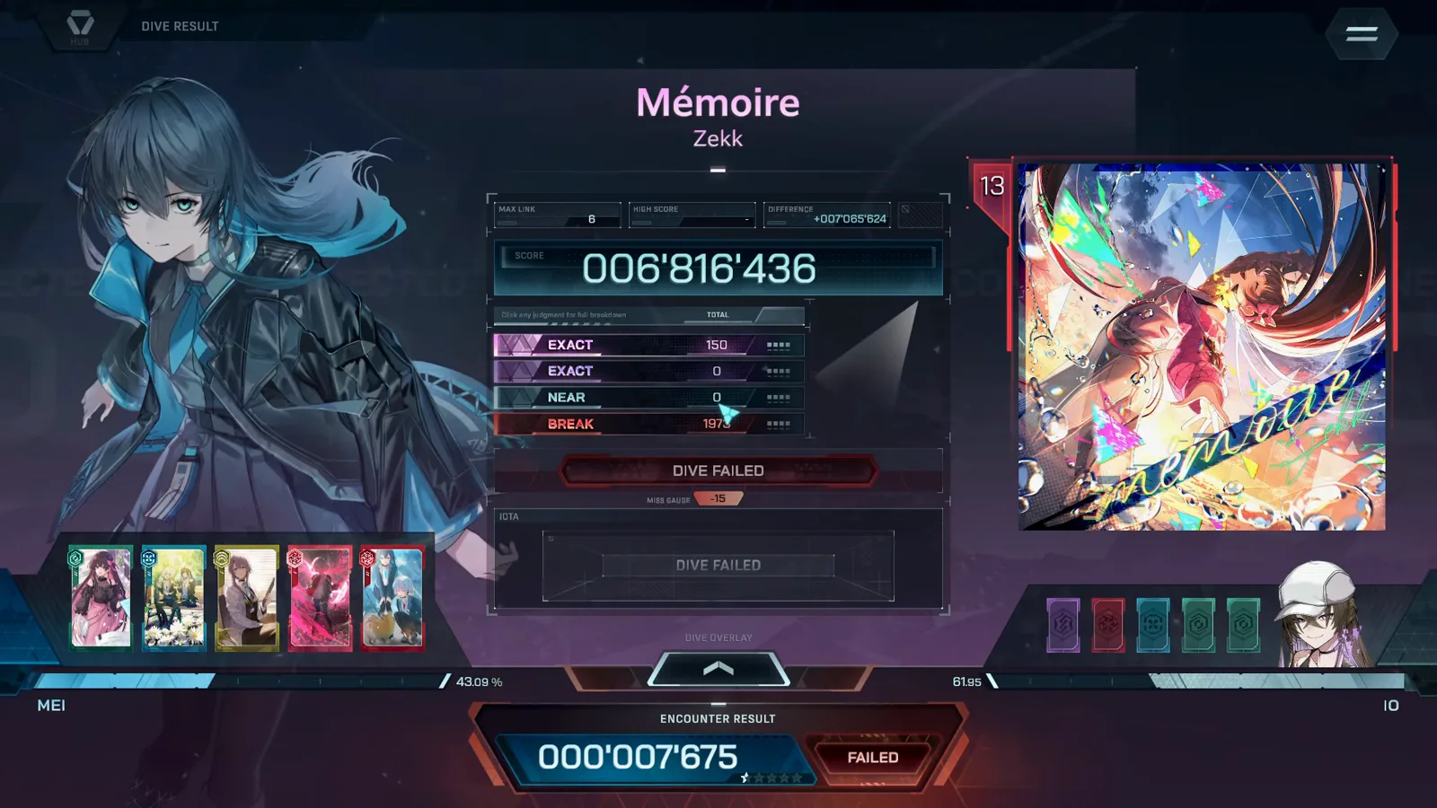 In Falsus はメモワールの dive 失敗でも Encounter Result を表示し、FAILED の結果のそばに EXACT と BREAK の内訳を並べる