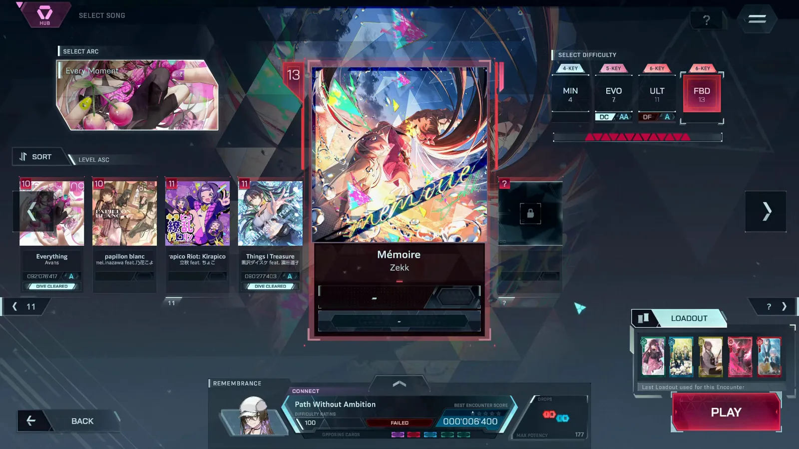 In Falsus メモワールの楽曲選択画面——FBD 難易度フィルタの下で、Zekk の Arc 2.5 レベル13カードが選ばれている