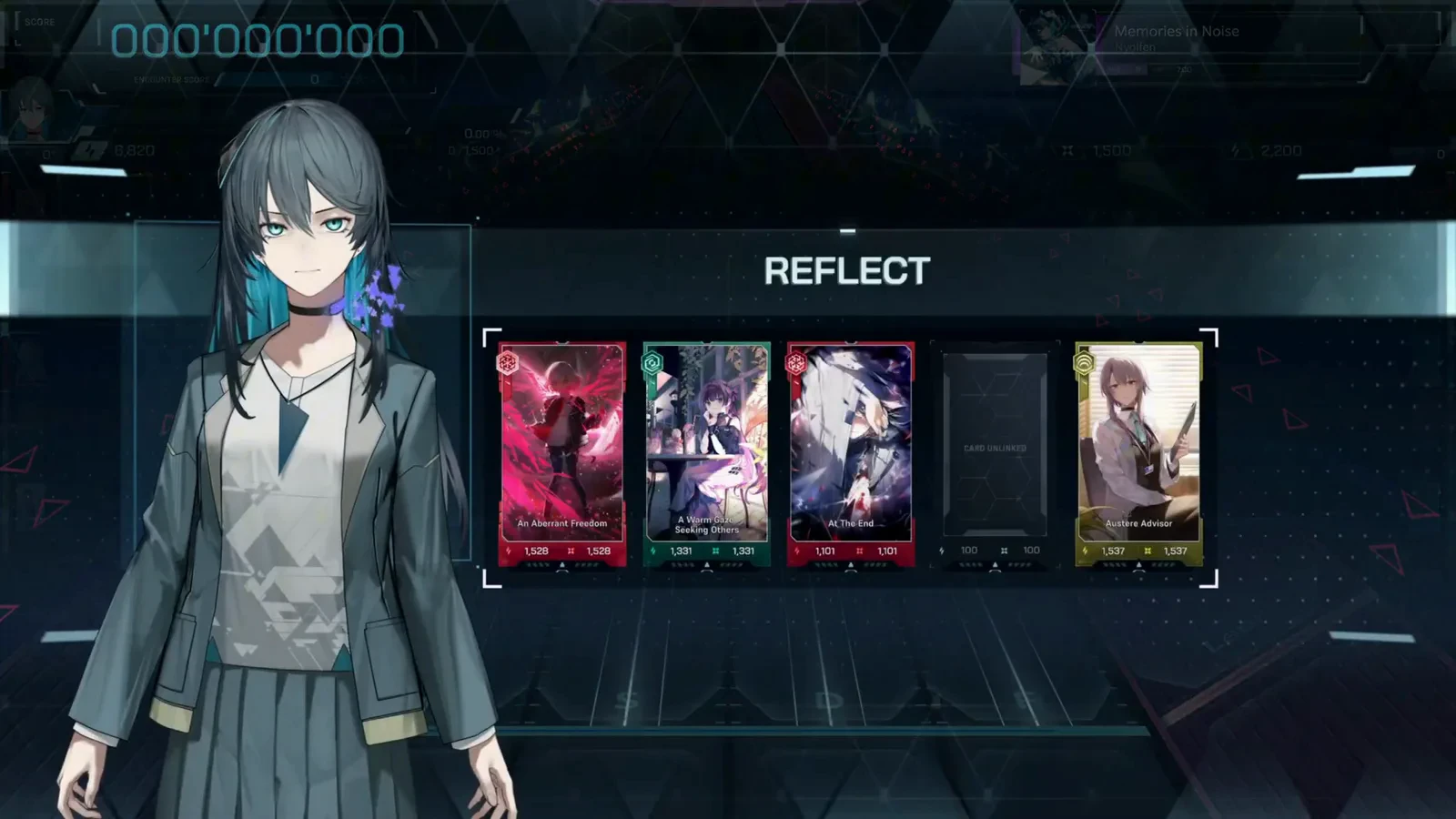 Memories in Noise ULT 9 REFLECT intro in In Falsus with five memory cards on the rail — An Aberrant Freedom, A Warm Gaze Seeking Others, At The End, a CARD UNLINKED slot and a gold card starting Austere