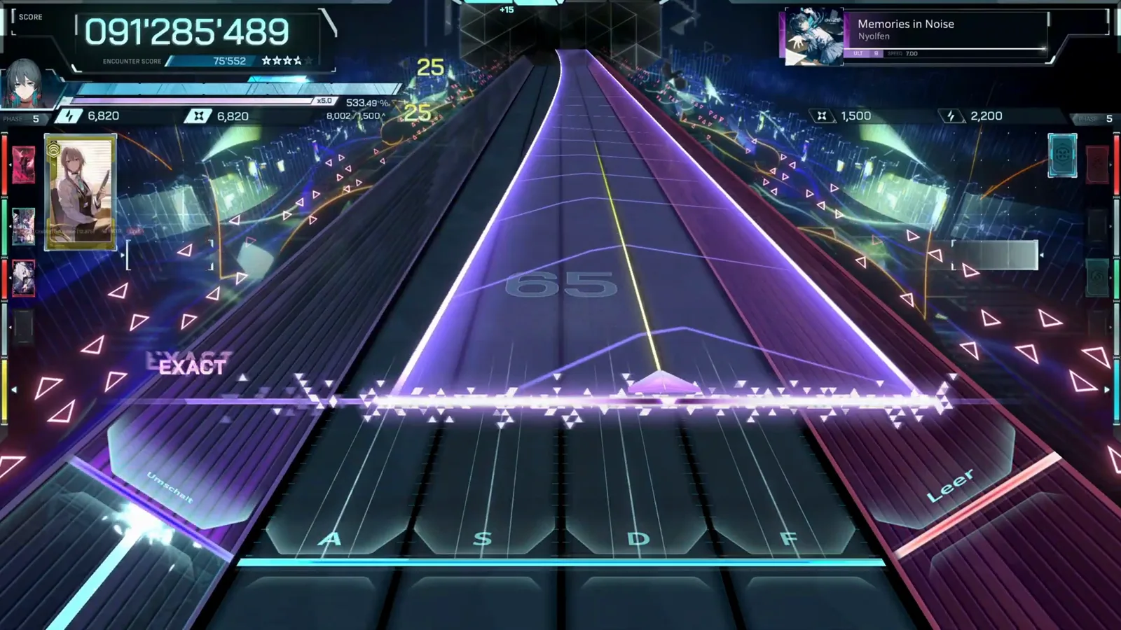 In Falsus Memories in Noise finale triangle at 091'285'489 spanning the full highway width in translucent purple while the closing notes judge EXACT
