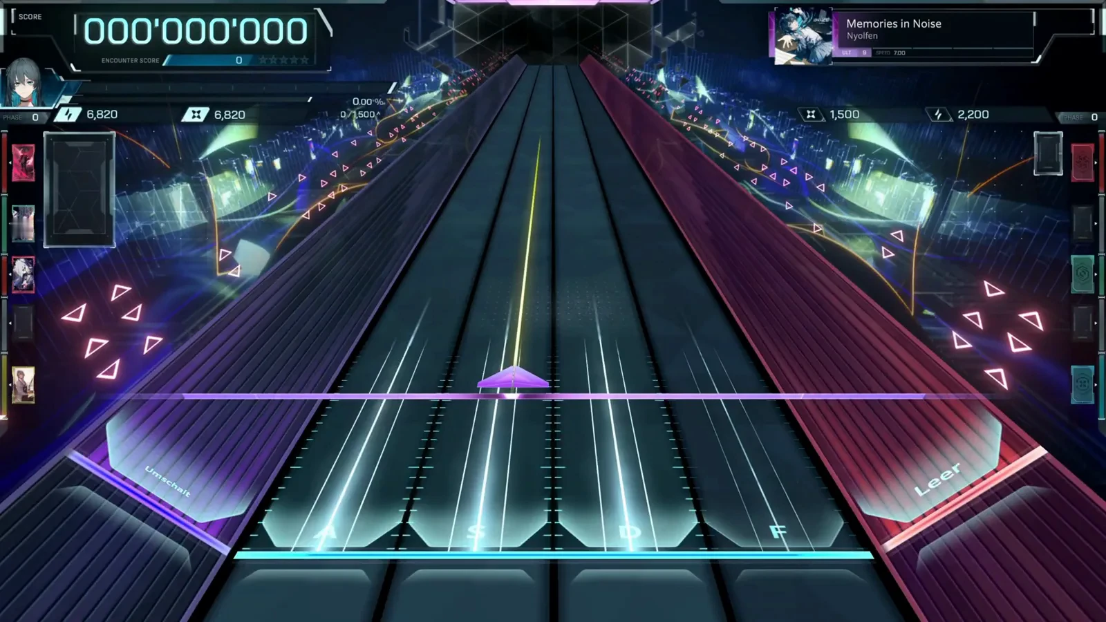 Memories in Noise dive opening in In Falsus at 000'000'000 with the first purple wedge riding the center lane over A S D F pads