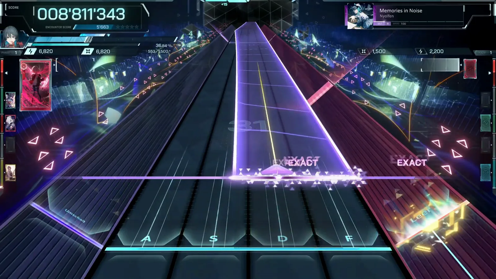 In Falsus Memories in Noise ULT 9 field beam at 008'811'343 — a translucent purple sheet across the lanes judging EXACT and the run's first NEAR under a right-lane sparkle burst